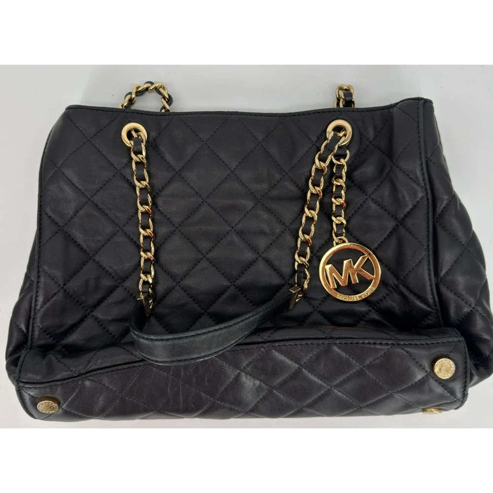 MICHAEL KORS Black Quilted Leather Shoulder Bag Purse Gold Chain Strap 13.5